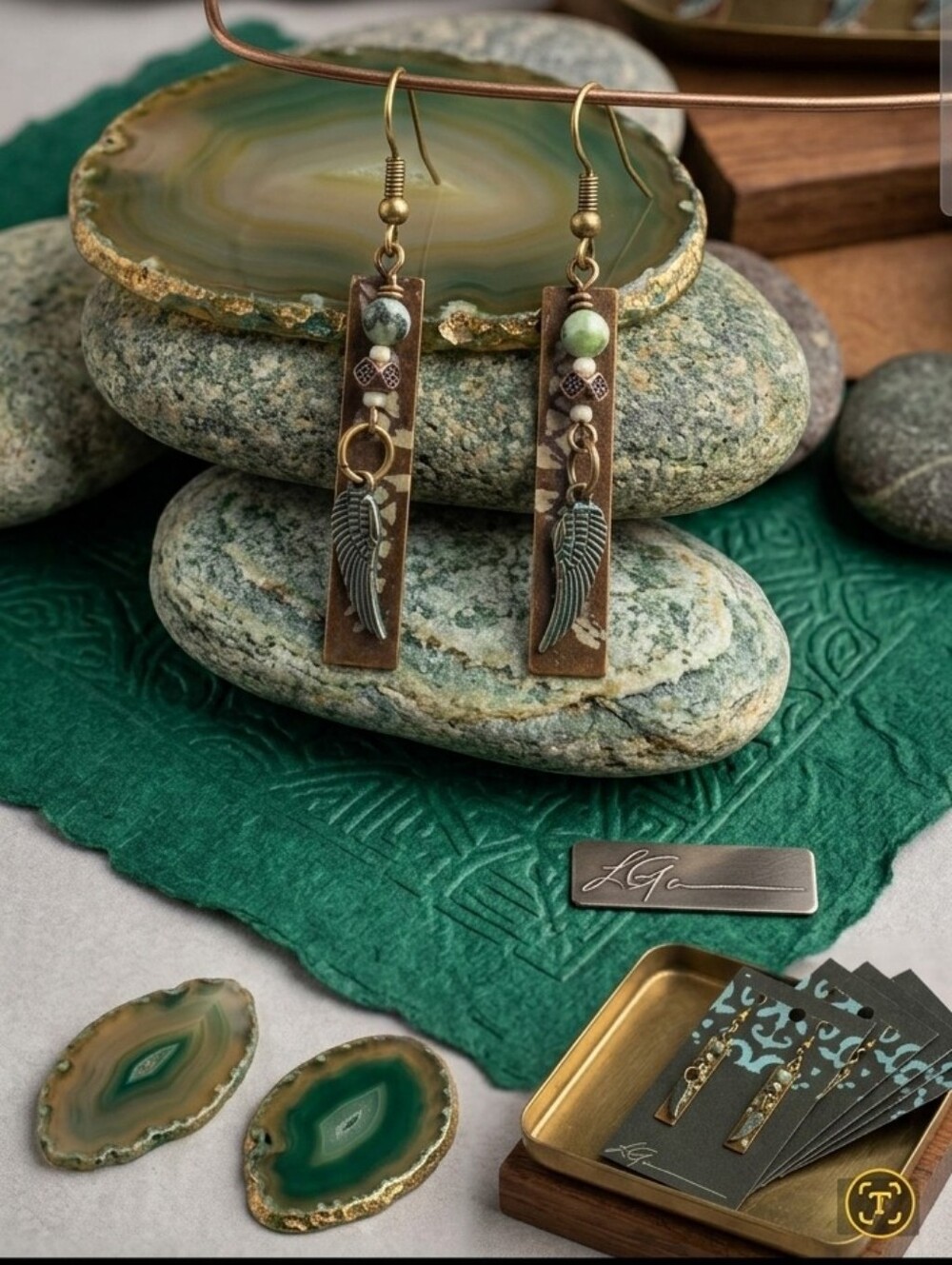 Bronze Wing Bar Drop Earrings in Olive Green
